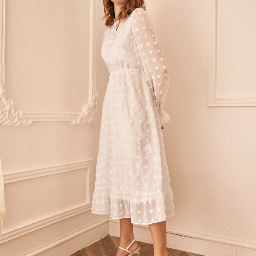 White long sleeve dotted midi dress